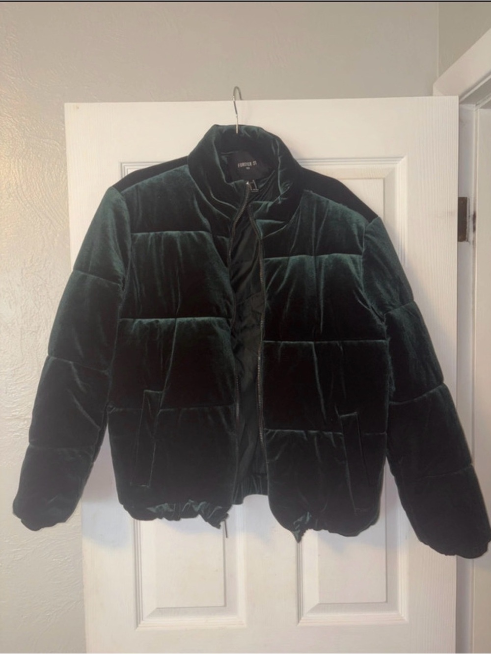 Forever 21 Velvet Quilted Puffer Jacket - Forest Green